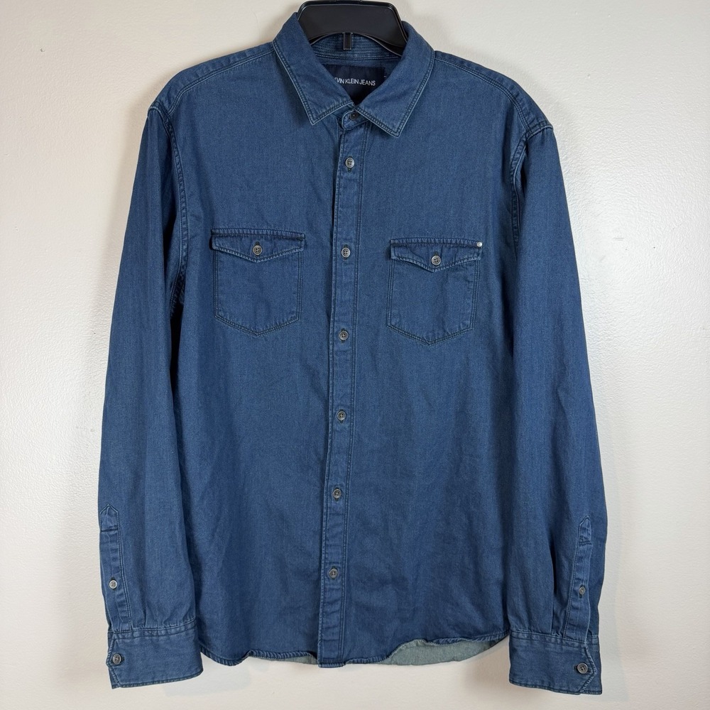 Calvin Klein Jeans Men's Large Blue Denim Button-Up Shirt 100% Cotton
